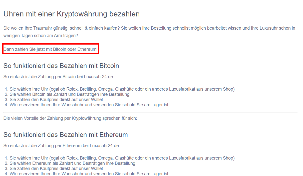 Luxusuhr24 akzeptiert Bitcoin